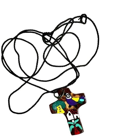 Coconut shell hand painted cross pendant necklace on cord - Picture 5 of 6
